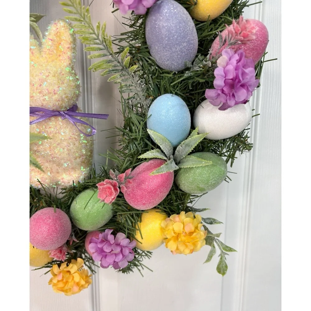 Easter Spring Eggs and Bunny Cute Colorful Wreath Handmade Home Decor